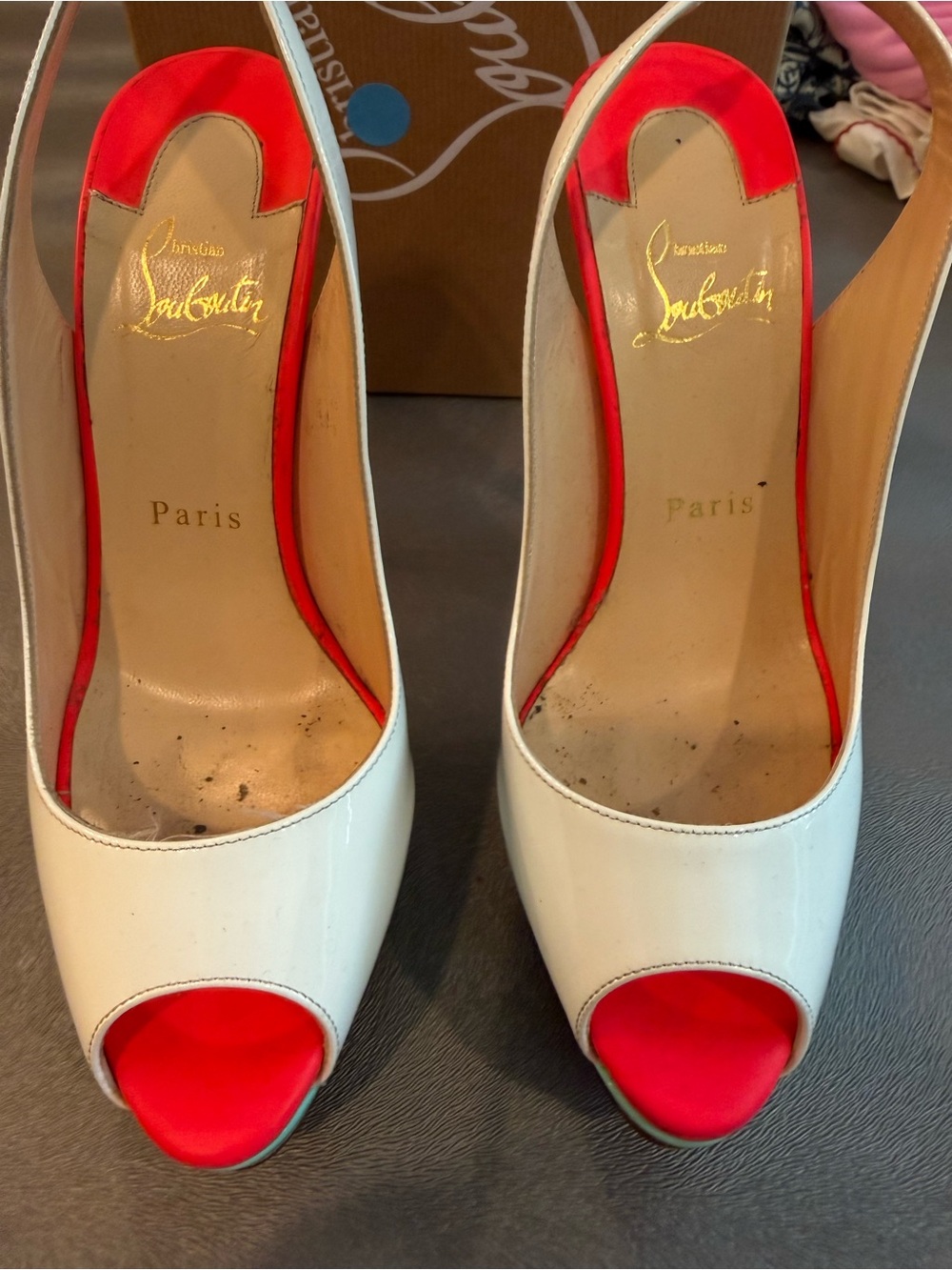 Christian Louboutin White and Red Peep-Toe Slingback Pumps. Size 37